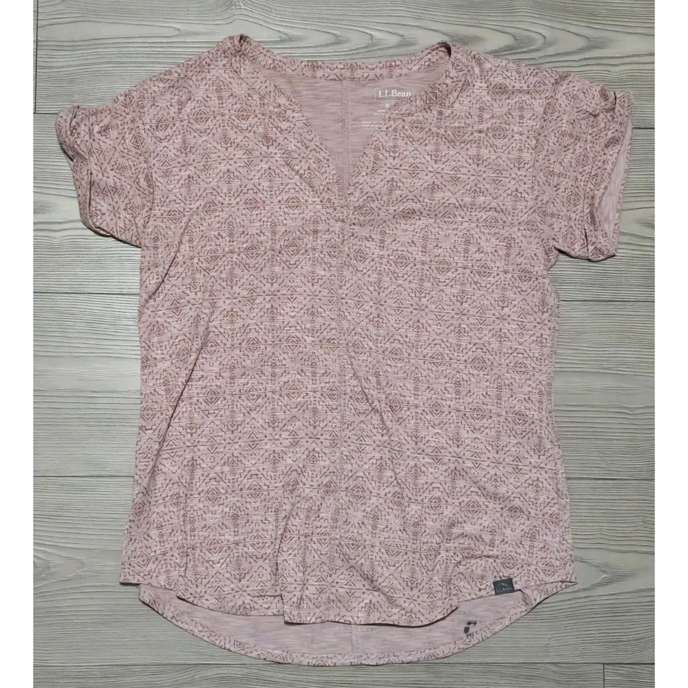 LL Bean Women's Streamside Tee Short Sleeve Top Split Neck Geometric Size Small